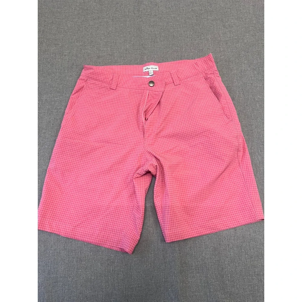 Peter Millar Crown Sport Mens Pink Gingham Performance Golf Shorts Size 32